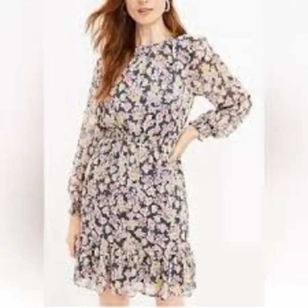 Loft Women's Size M Long Sleeve Shimmer Floral Flounce Dress Dark Fairycore NWT